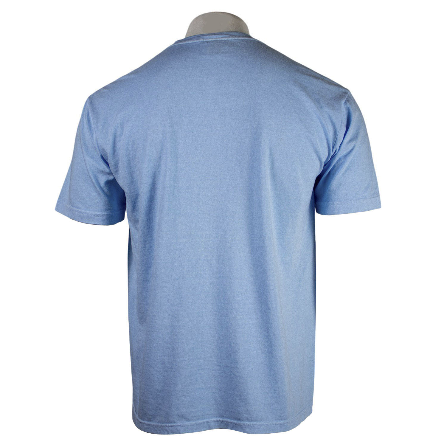 Back of a light blue t-shirt on a mannequin against a white background.