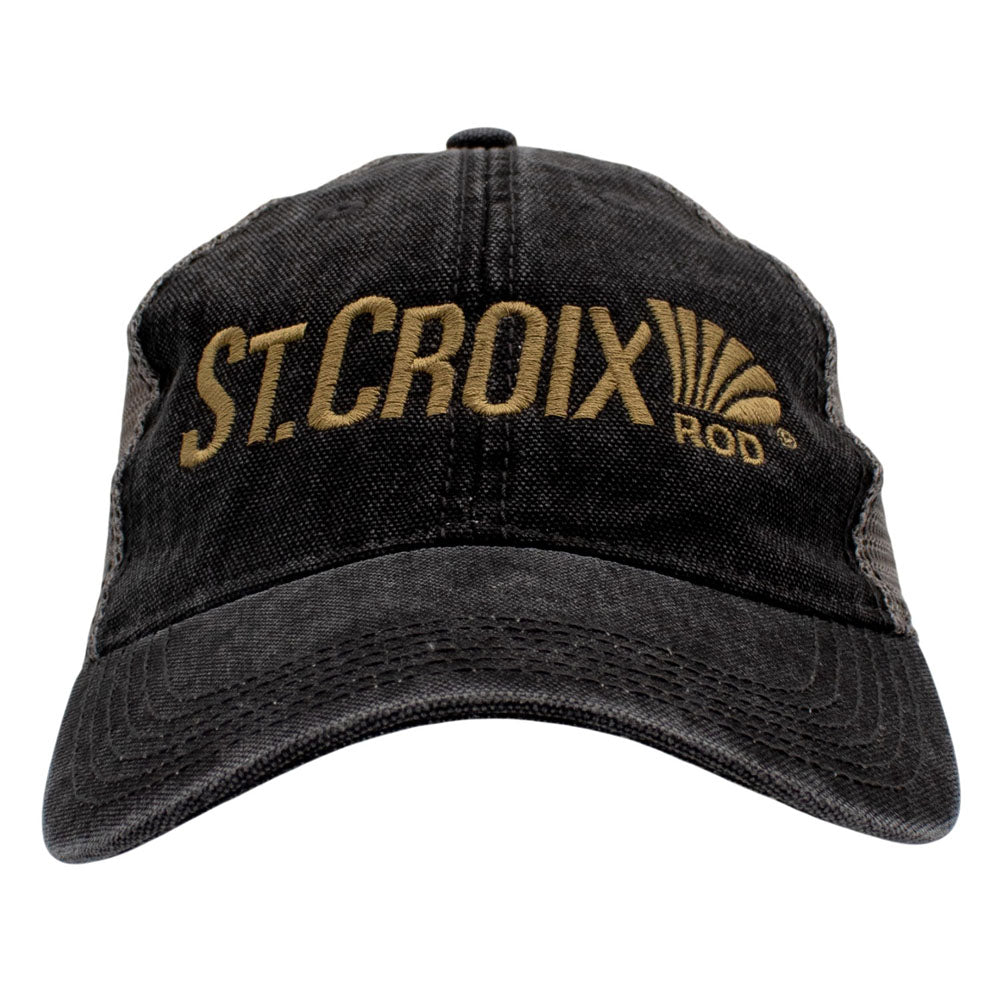 distressed black unstructured cap with a gold 'St. Croix Rod' logo on the front.