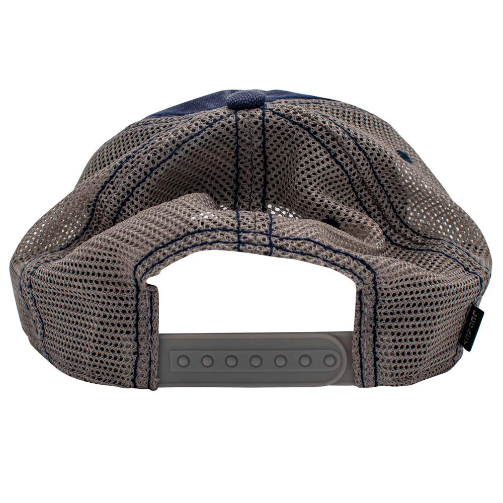 Back view of a gray mesh cap with a snapback closure.