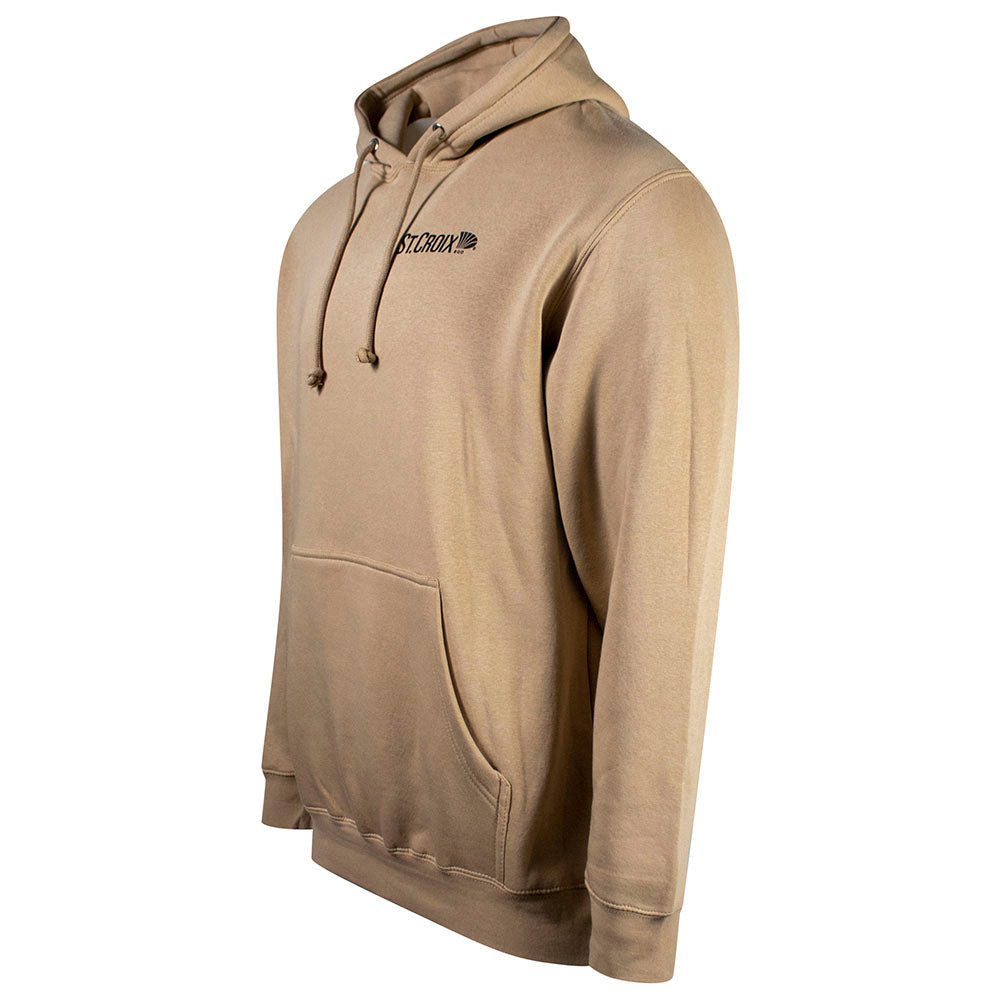 Side of a beige hoodie with a black St. Croix logo on the left chest.
