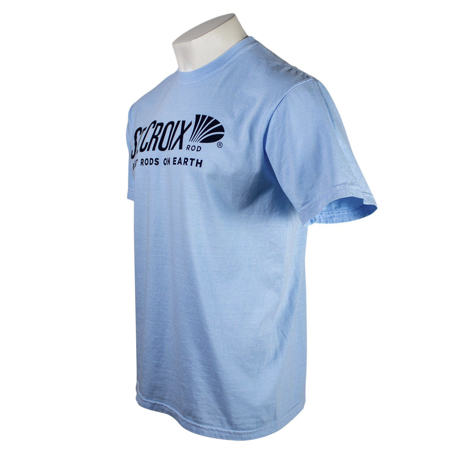 Side of a light blue t-shirt with a navy St. Croix Rod logo on the front.