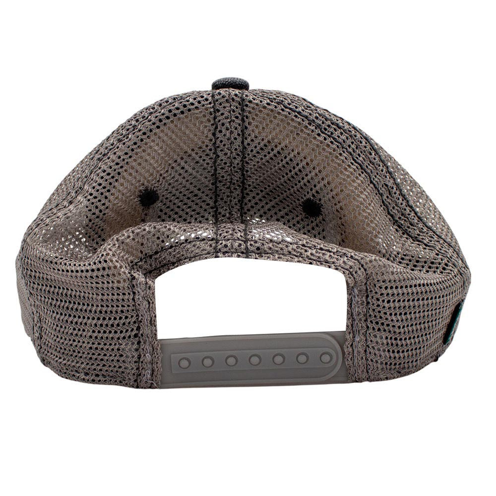 Back view of a tan mesh cap with a snap back closure.