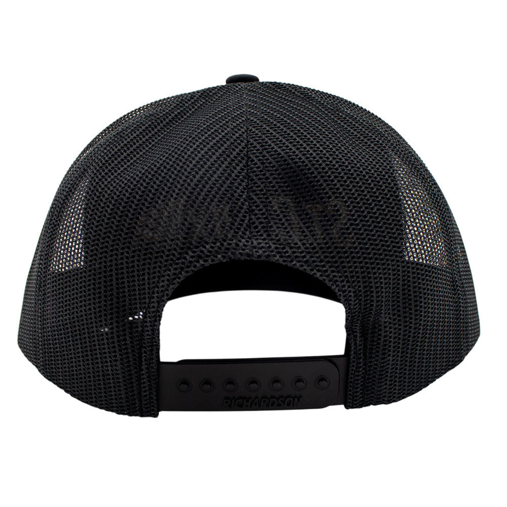 Back of a black mesh cap with a snap back closure.