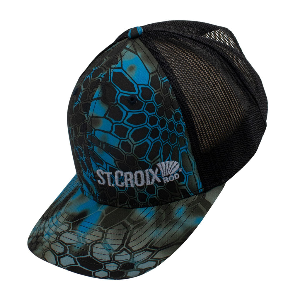 Side of a black and blue kryptek camo patterned cap.