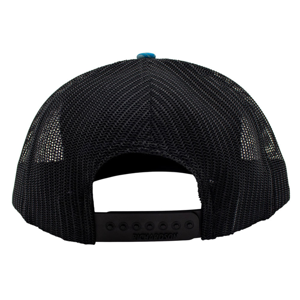 Black mesh back panels of a cap.