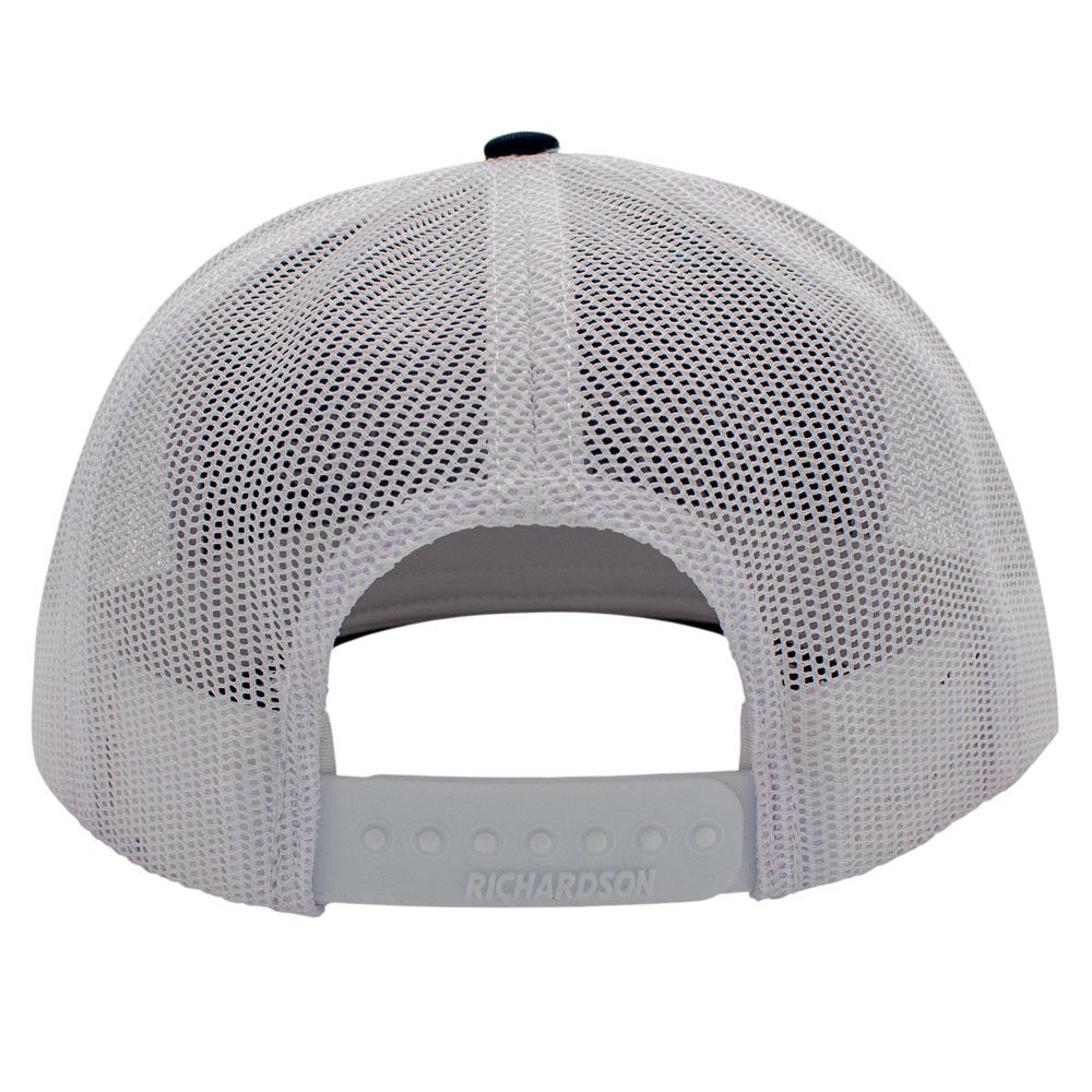 Back view of a white mesh cap with Richardson branding and a snap back closure.