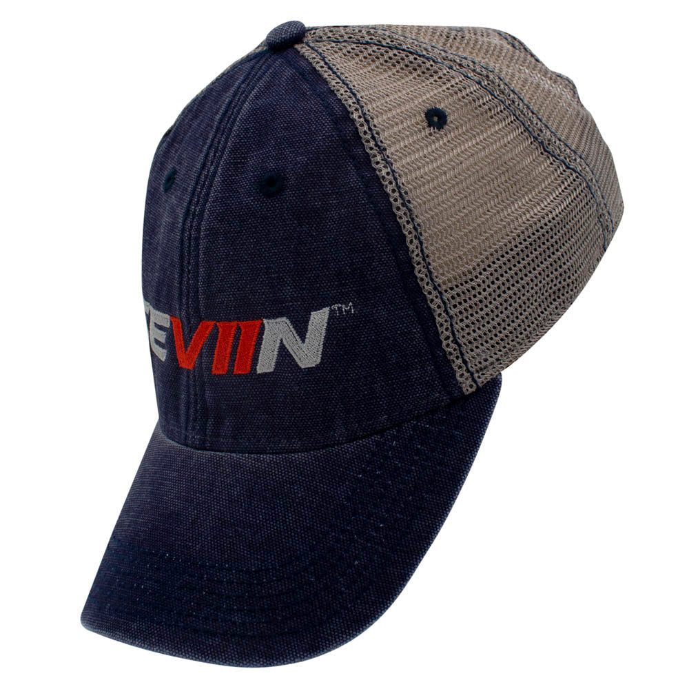 Side of a navy blue trucker cap with a grey and orange 'SEVIIN' logo on the front and a grey mesh back.