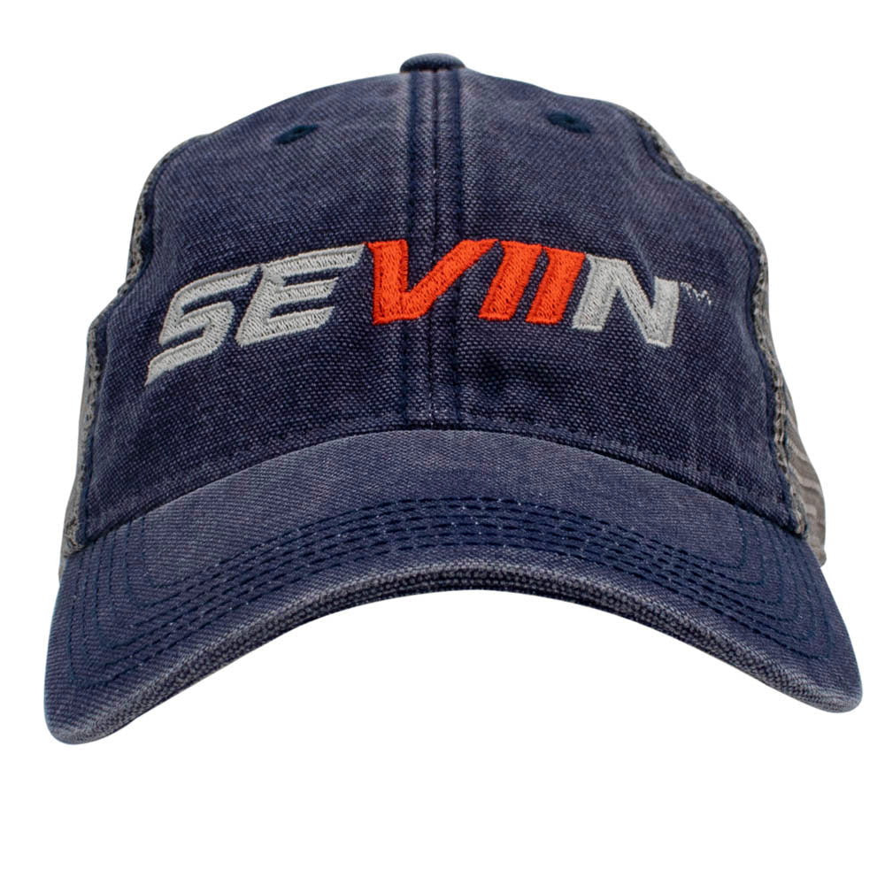 Navy blue trucker cap with a grey and orange 'SEVIIN' logo on the front.