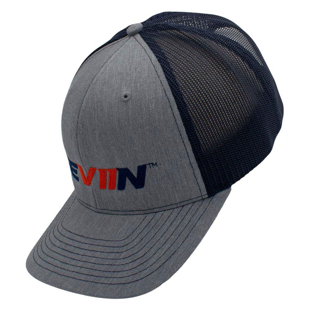 Side of a gray cap with navy mesh back and a 'SEVIIIN' logo on the front.