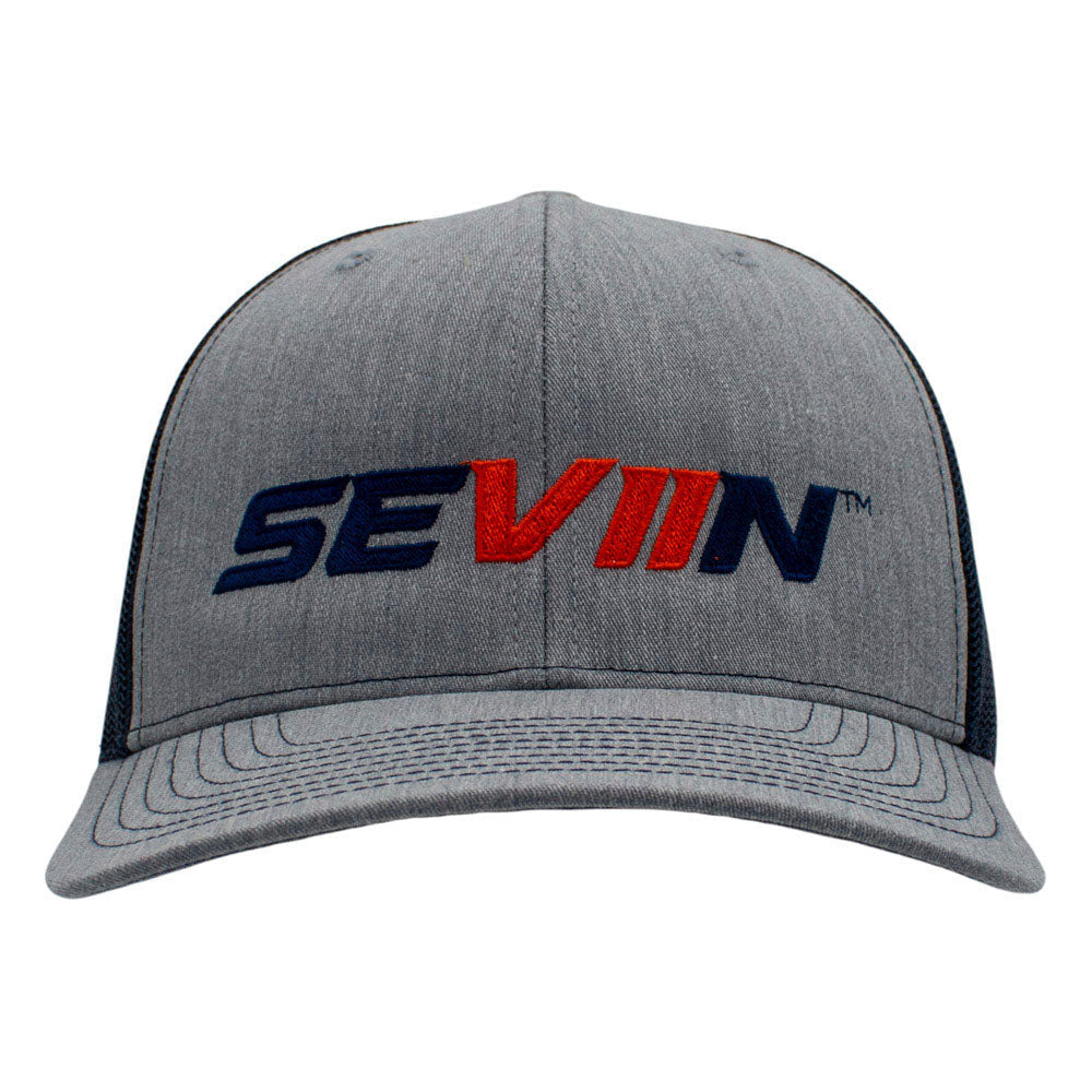 Gray cap with a navy and orange 'SEVIIIN' logo on front.