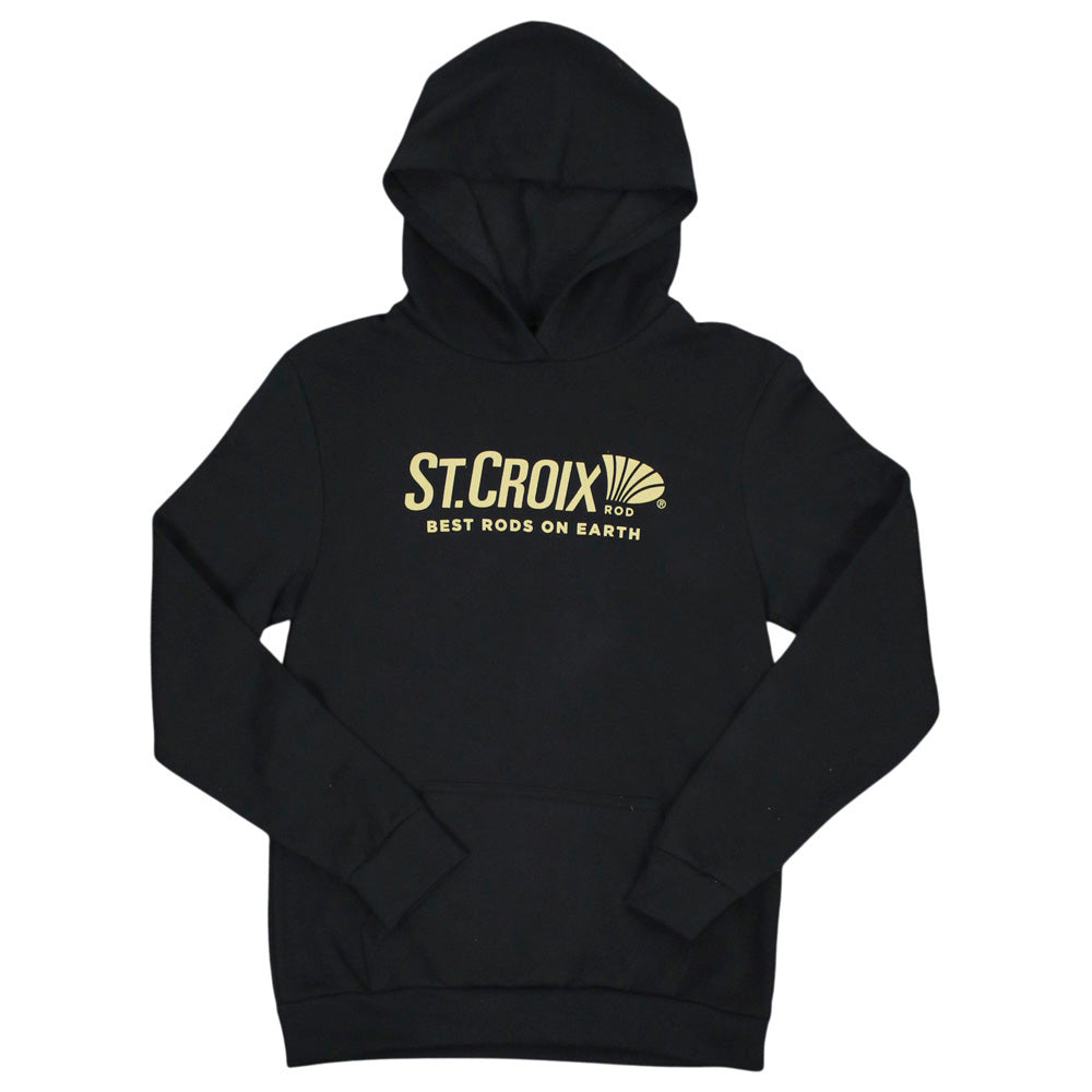A black hoodie with a tan st. croix logo on the chest.
