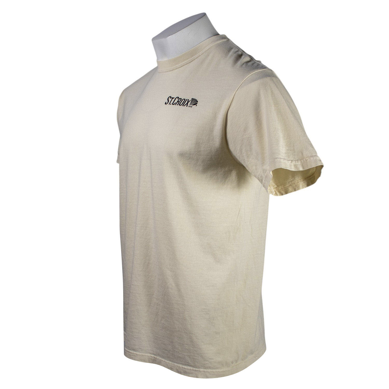 Side of a beige t-shirt with 'St. Croix' logo on the left chest.