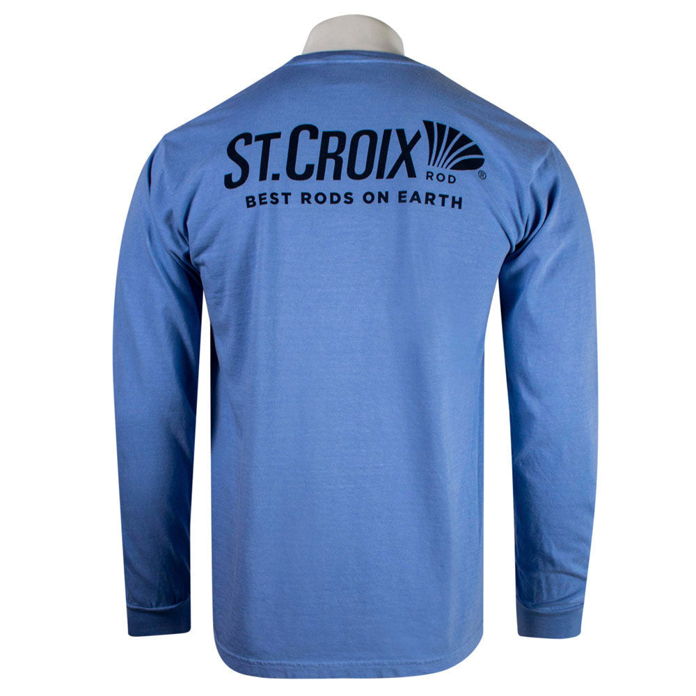 Light blue long-sleeve shirt with a navy blue St. Croix logo on the shoulder blades.