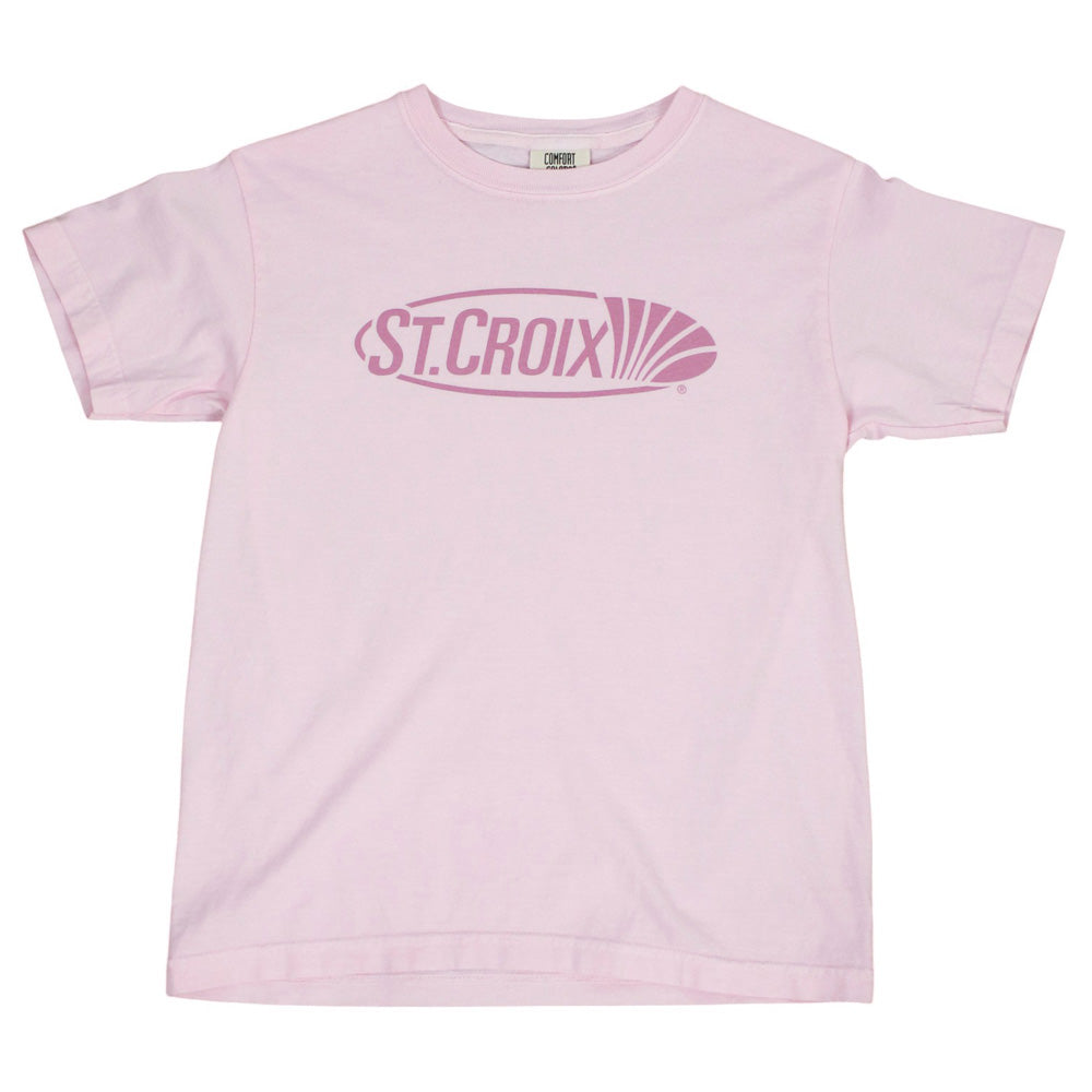 A light pink short sleeve with a darker pink st. croix logo on the chest.
