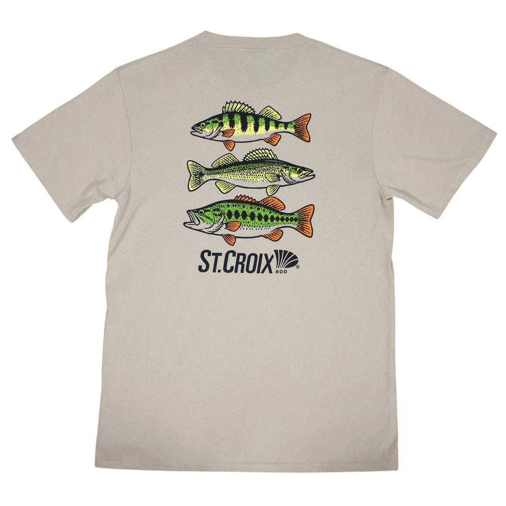 Back of a tan t-shirt with a graphic of three green fish and a st.croix logo below it.
