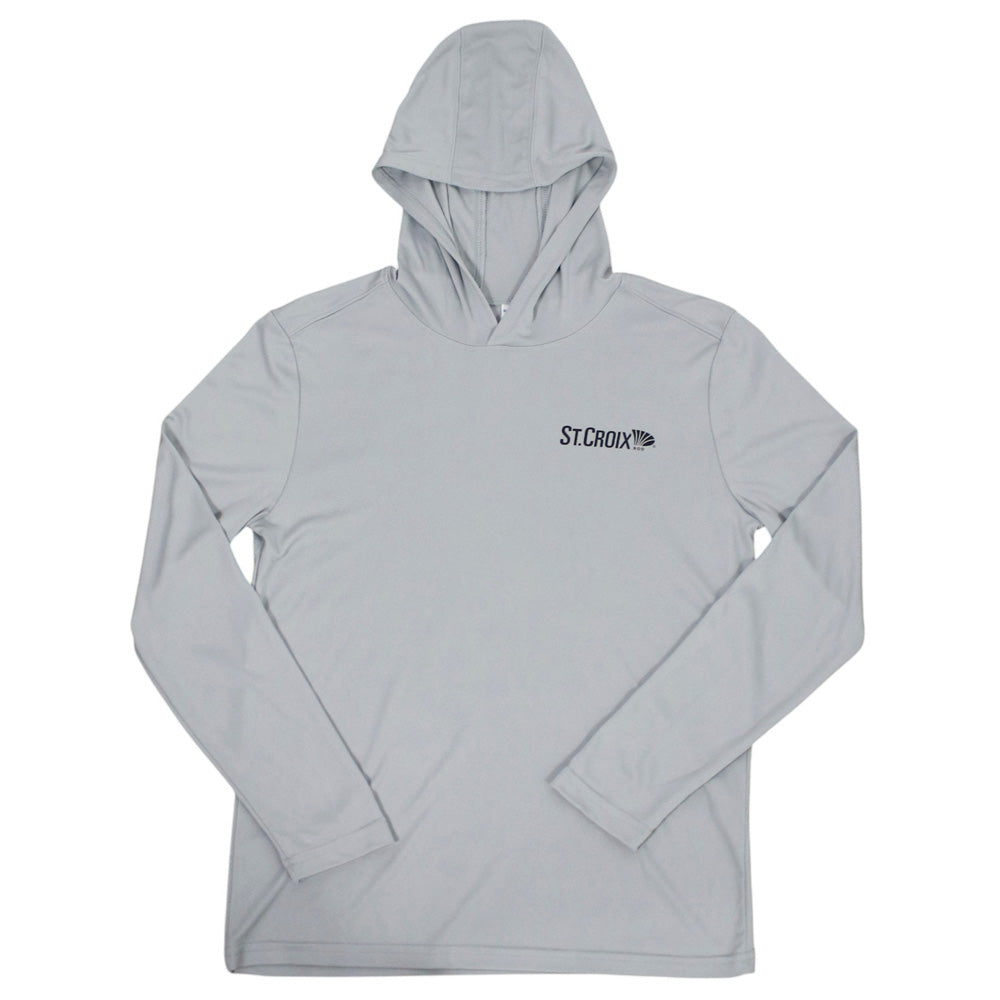 front of a grey hooded long sleeve with a black st. croix logo on the left chest.
